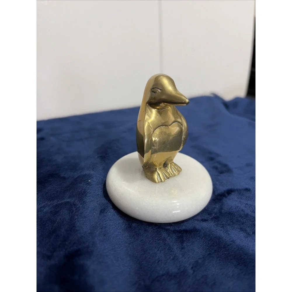 Vintage Brass Penguin Figurine Paperweight White Marble Base UCGC Taiwan MCM
